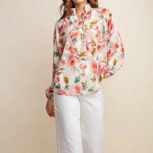 NWT CHIFFON BIG ROSE BUTTERFLY PRINTED SMOCKED DETAIL BLOUSE